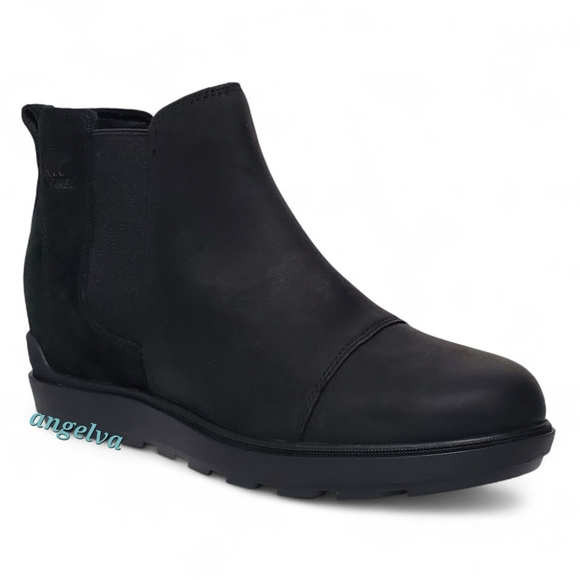 New Sorel Evie ll Chelsea ankle boots black leather suede wedge waterproof comfy - Picture 4 of 16